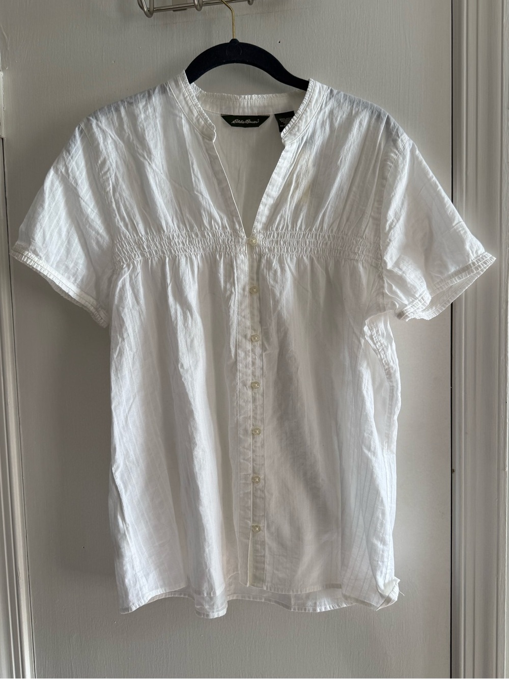 NWT Eddie Bauer White Short-Sleeve Button Front 100% Cotton Blouse Size L